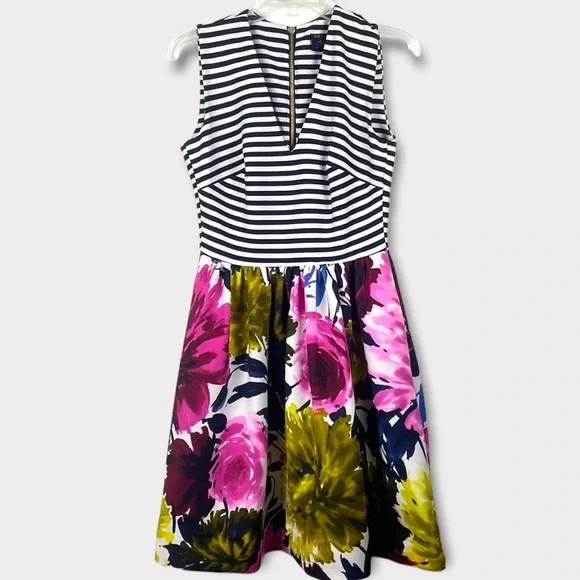Just…Taylor Navy Striped and Pink Green Floral Gold Zip back Dress Size 4 - Picture 3 of 10